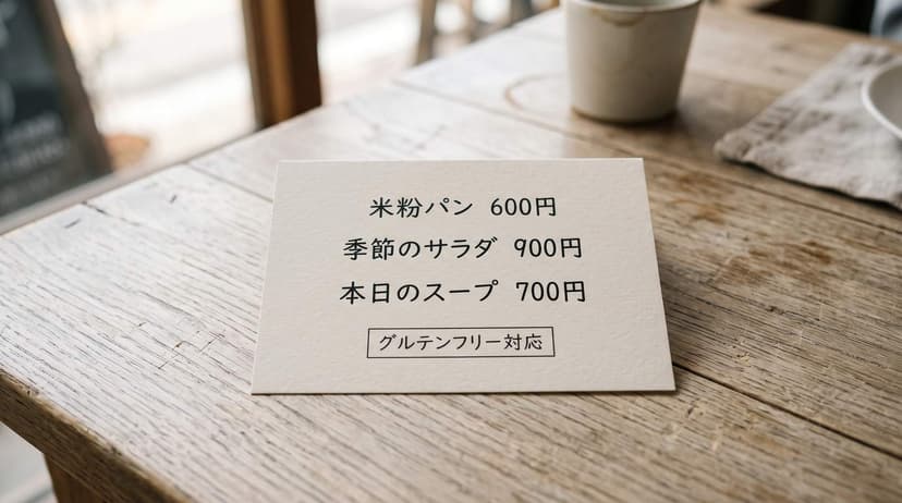 An illustration of a Japanese cafe menu card on a wooden table, listing rice-flour bread, a seasonal salad and a soup, with a boxed note underneath reading グルテンフリー対応