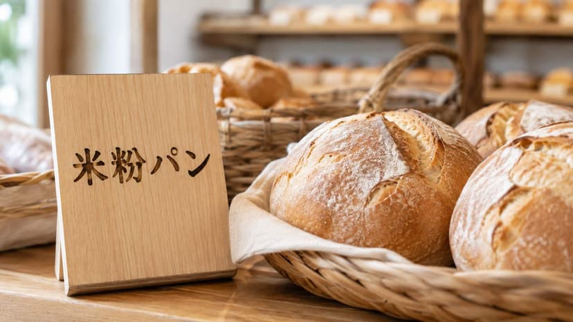 An illustration of a small wooden bakery sign reading 米粉パン, standing beside baskets of round loaves
