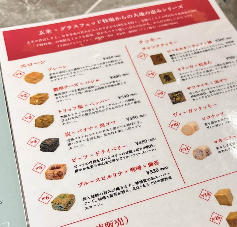 The numbered scone and cookie menu board, No.1 through No.15