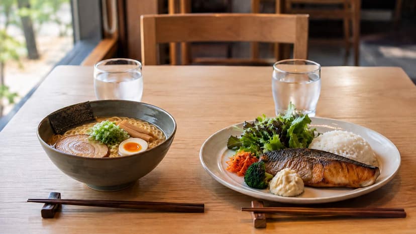 A restaurant table with two different meals side by side, a bowl of wheat noodles and a plate of grilled fish with rice