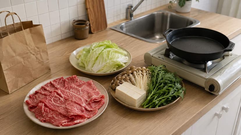 Sukiyaki ingredients from a supermarket laid out on a rental apartment kitchen counter, with a cast iron pan on a portable burner