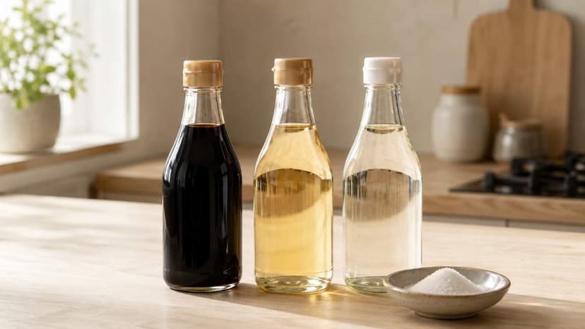 Gluten-free soy sauce, mirin and cooking sake standing on a kitchen counter, with a small dish of sugar