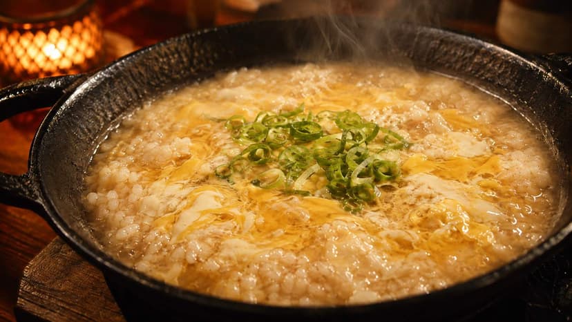 Zosui finishing in a cast iron sukiyaki pan, rice simmering in the remaining broth with beaten egg just set on the surface