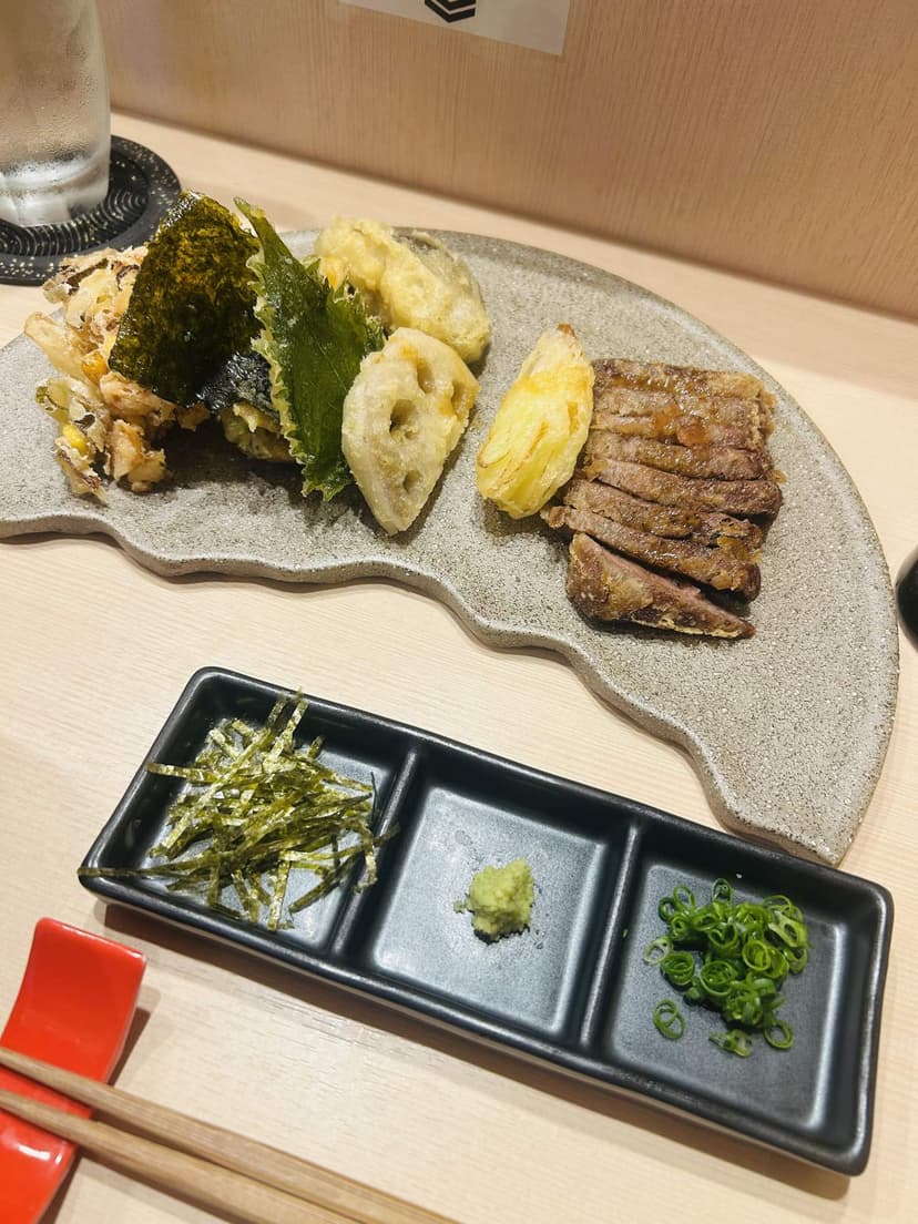 Vegetable tempura and wagyu from our bowls